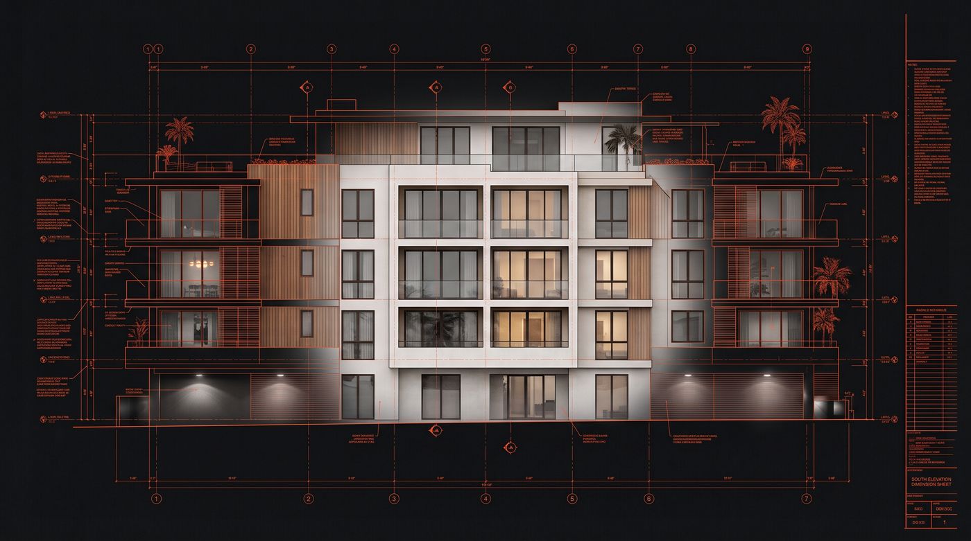 An architectural south elevation: a built multifamily building at the centre, dissolving at its edges into the orange dimension drawing it was made from.